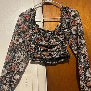 Forever 21 Black and Pink Ruched Floral Blouse